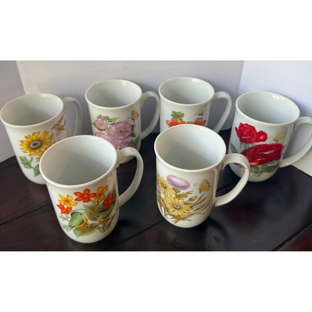 Vintage Floral Bird Coffee Mug Set 6 White Bone China Botanical Butterfly Bees